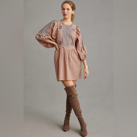 Anthropologie 100% Cotton Embroidered Tunic Mini Dress In Peach Size M - Picture 1 of 16